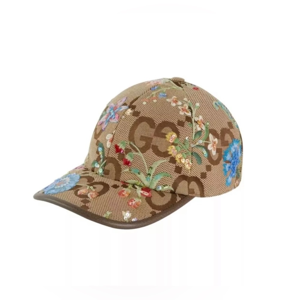 💎 GUCCI HAT JUMBO CANVAS GG BASEBALL WITH FLORAL EMBROIDERY. 7018453HAJM2584